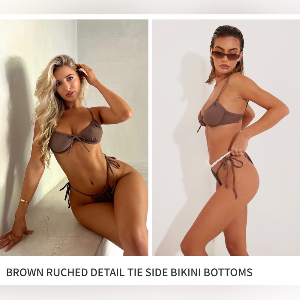 PrettyLittleThing | BROWN RUCHED DETAIL TIE SIDE BIKINI BOTTOM
